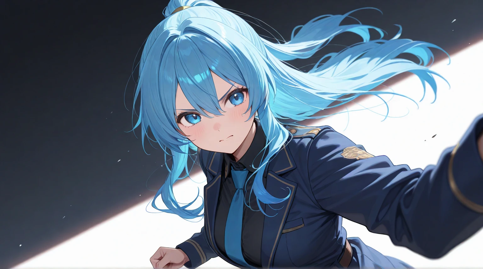 ,chest, A gentle smile, blue eyes, High resolution, Textured skin, Deep sea blue hair,, Big Ahoge, Thready hairstyle/hair,, 鋭いblue eyes,anime, anime風, Black police uniform，Long Hair, Police Station Multiple Ahoge, 