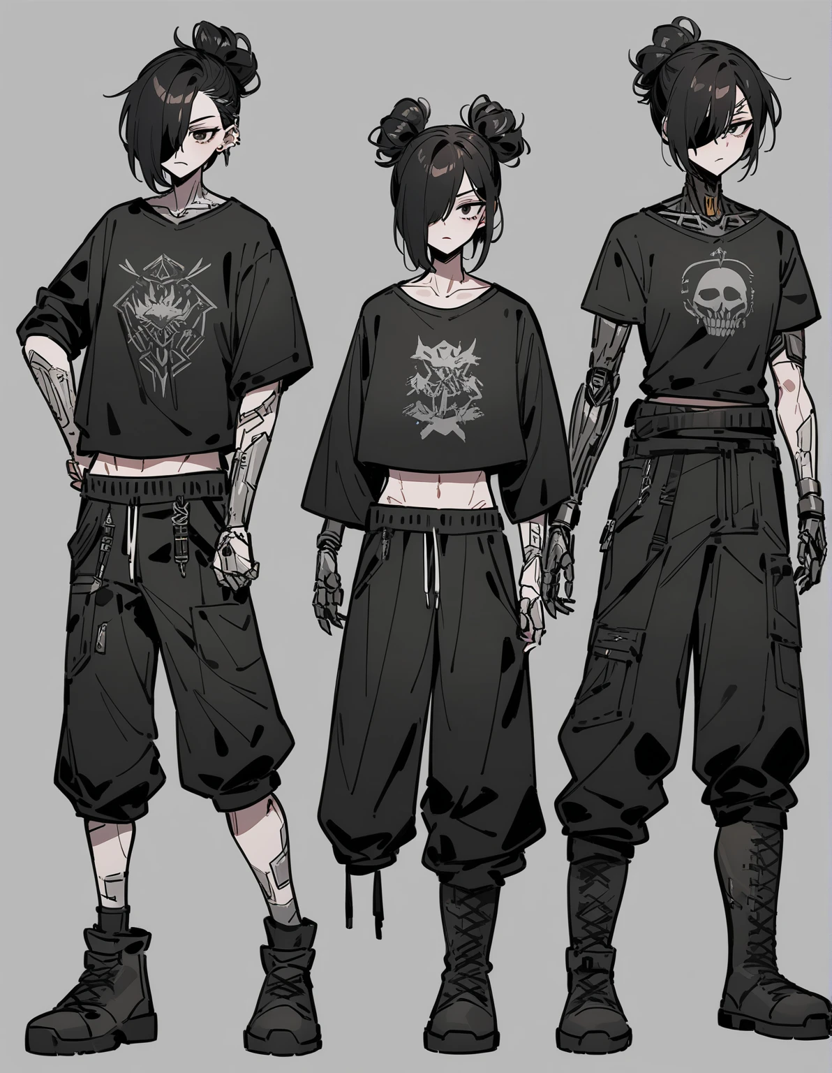 score_9, score_8_up, score_7_up, score_6_up, score_5_up, score_4_up, BREAK source_anime, 1girl, long black and green hair, goth makeup, peircings, emo, Creative design, full body, Reference sheet, Character sheet