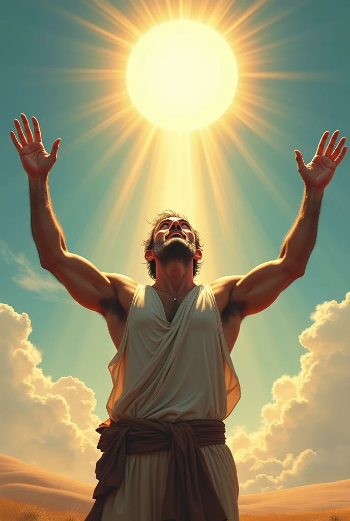 “ A male stoic philosopher with a well-proportioned and attractive physique, not excessively muscular. He is wearing classic tunics, slightly transparent, that gently drape over his body, subtly revealing parts of his shoulder, with a very short and well-groomed beard, and wavy, well-stylised hair. He is depicted in a moment of realization, perhaps interacting with a symbol of clarity or truth, such as light breaking through darkness or an illuminated path, with an expression of acceptance and readiness to act. The scene is set in a vibrant, impressionist landscape with rich colors and dynamic brushstrokes, creating a sense of movement and emotion. The background has a subtle texture that adds depth but complements the text without overpowering it.”