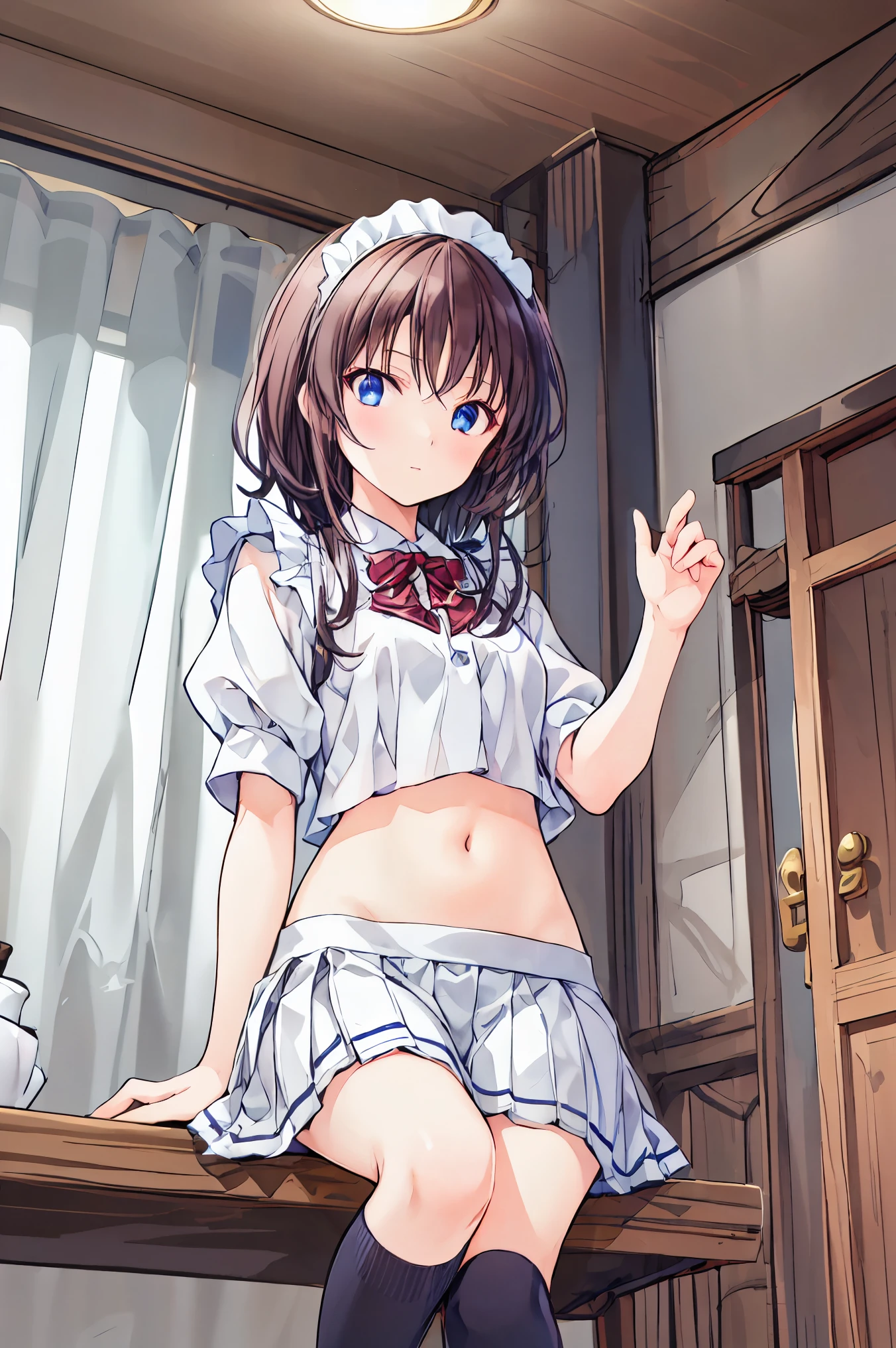 1 girl、maid、is sitting、frill socks、from below、 Ashikiri、embarrassing、 Bicycle shorts、puffy lips、toeless legwear、Cross Race Legwear、masterpiece、Highest Quality、 Hair,shortcuts,unkempt hair,Short braided hair,Neat, slender beautiful woman, correct posture,Small chest,beautiful leg,captivating grey-blue eyes shine like stars,droopy eyes,bright colors,beautiful eyes on my stomach,A delicate smile,Textured Skin,best quality, gentle and beautiful woman ,anime style、