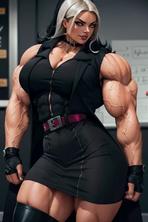 (cartoon of a woman in a classroom with a man in a suit, realistic , a hyperrealistic , hyperrealistic , as a strict school teacher ), large muscles, realistic cartoon, 3 d cartoon, big muscles, giantess art, very realistic, exaggeratedly large physique, powerful and huge, school class, in a classroom, muscular girl