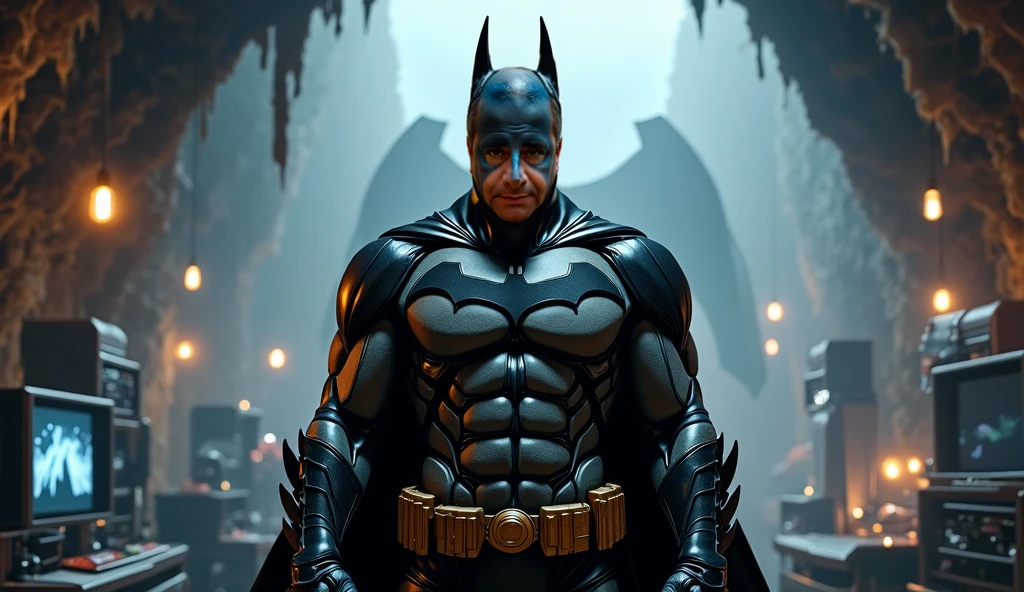 concept art of Cinematic Film stock footage in (arri alexa style) Kodak film print, <lora:Batman Beyond:1> batman Beyond a man in a batman costume standing in a dark room, digital artwork, illustrative, painterly, matte painting, highly detailed