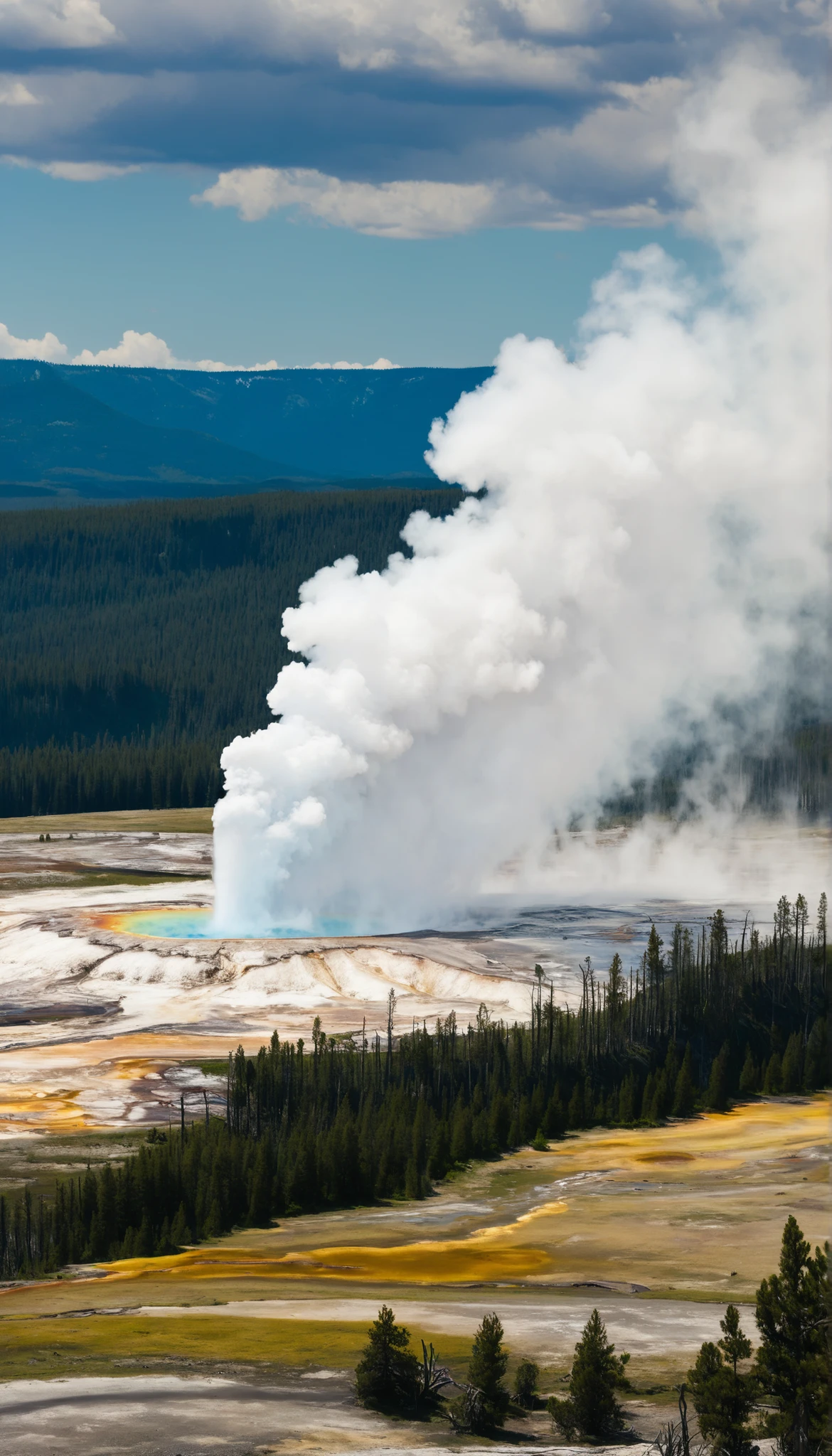 masterpiece、best image quality、Landscape images、 Scenery of Yellowstone National Park、 Unique views of the volcanic area、 tree々Flower々Photo of、 Scenery written deep in the plateau、 high image quality、photorealism、very detailed、 Art Station、 複雑な 草treeの様子 、after being played in high definition、 Geysers can be seen in the distance。