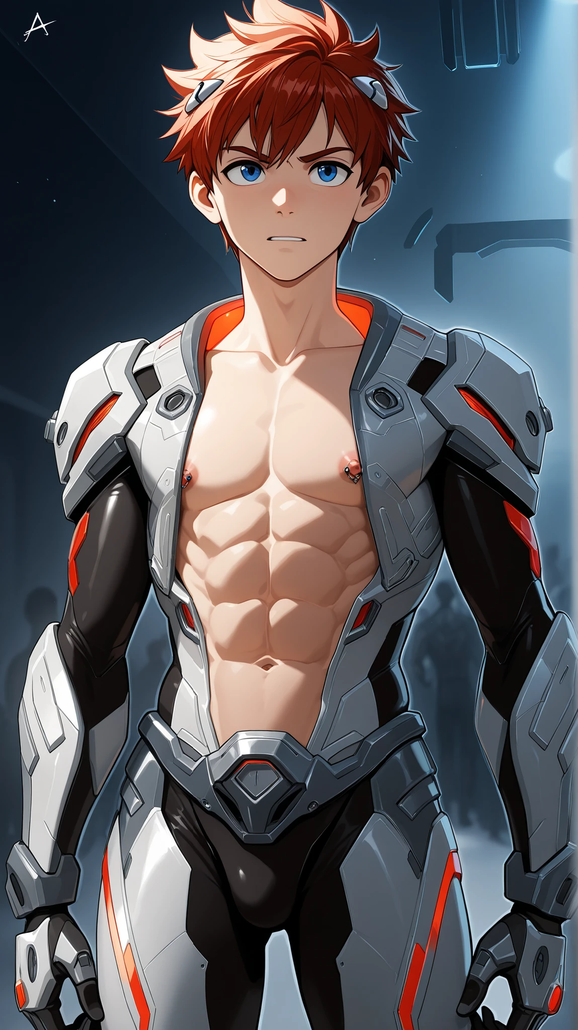 A high-definition image of a young shota boy wearing a mecha robotic full body plugsuit that open only at the abdomen and chest, revealing defined abs and chest to his nipples, The background shows a futuristic, high-tech setting with advanced machinery and dim, atmospheric lighting to emphasize the details of the armor and the boy's physique. The boy looks determined and focused, as if preparing for an upcoming battle or mission. art style and the armor should be cover all his body except for abs and chest,A broader chest calm face,dark atmosfer,good shedding,red short hair,good nipple,chest and abs looks shinny,young age all hd quality,semi realistic, good line art and light from his back,good abs,solo leveling art style,ring nipple piercing with shining gewel ,(full cover side and back),make sure to keep open his chest and abs,futuristic laboratory with crowd his robotic army for background,silver robotic mecha plugsuit,uncover neck,his neck should be exposed, exposed neck,no collar,no collar armor,ring shining glow nipple piercing gem.