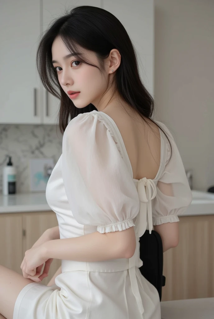 top-quality、超A high resolution、(Photorealsitic:1.4)、女の子1人、Off-shoulder white shirt、Black tight skirt、Black choker、(faded ash gray hair:1)、bob cuts、Slouched、(huge-breasted:1.2)、looking at viewert、a closeup、