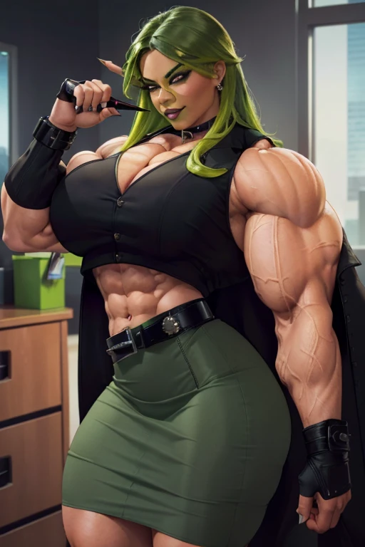 (((((Massive tall, beautiful, buff, brown skinned muscular woman with green hair, ginormous bulky muscles and wearing a beautiful black long-sleeved sweater pencil dress with black pantyhose))))), (close view), massive muscles, (long curvy hair), ((pantyhose)), orange eyes, choker, ((beautiful sweater pencil dress)), black boots, (in the Cloudy beautiful village), closed smile, night, ginormous muscles