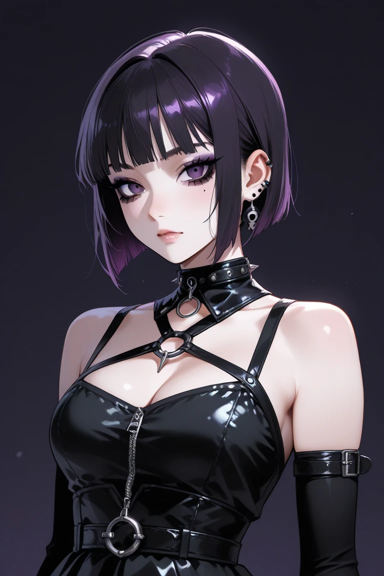 Best Quality,High resolution,8k,(plain white background, no patterns, no textures, just a plain white background:1.3),Masterpiece:1.2),beautiful girl,Big Breasts,(Glossy, deep purple hair:1.3),bob cut,Beautiful purple eyes,A girl wearing a black leather jacket with metal studs, ripped jeans, and a band T-shirt, embodying a rebellious punk rock style,Gentle look,A refreshing look,smile,Best quality,Best Quality,Aesthetic and aesthetic:1.2,Best details((Super detailed))(High-definition CG illustrations),Slender body,smile,blush,cute,Scrounge,Looking up,Being spoiled,super model