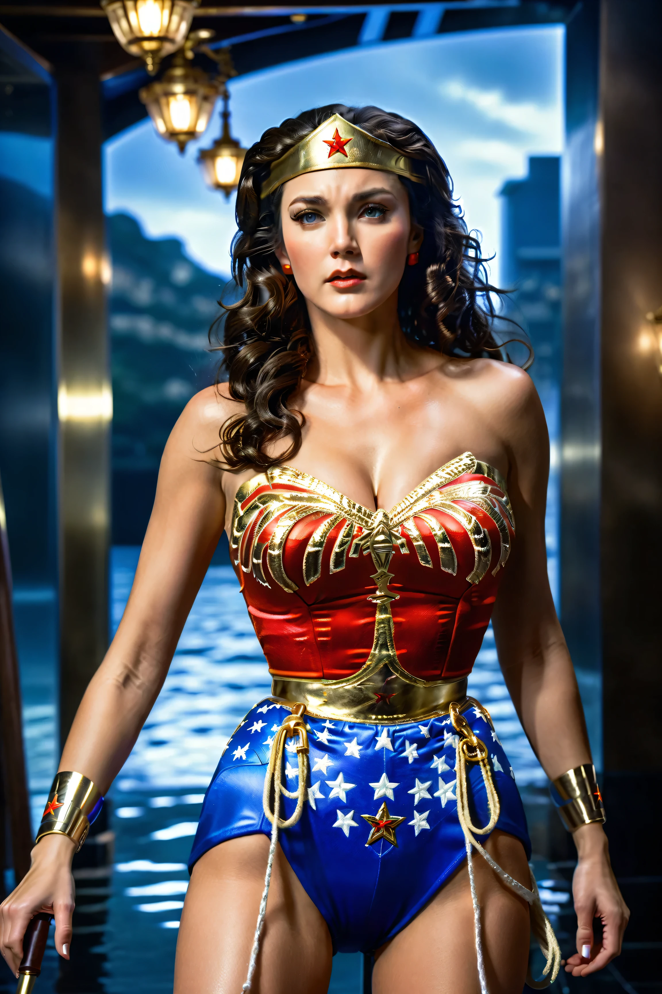 Perfect Wonder Woman costume、Brown Hair, masterpiece、Pretty Girl、best quality, 超high resolution, (Reality: 1.4), movie lighting,so beautiful、beautiful white skin、(超Reality的な)、(high resolution)、(32k)、(Very detailed)、detailed, Brown Hair、20 years old、Ergonomic postures、 Ergonomic Body Length 、USA、Masterpiece artwork of Wonder Woman Live version, in the style of George Pérez. captures the epic fantasy of Wonder Woman outfits, Create a highly detailed and dramatic illustration of a beautiful and resilient female character in a tabletop role-playing game, captured in a moment of peril.She stands at the end of the silent corridor.,the waves of the water mirror trembled slightly before her eyes。It is an ineffable mirror,Not a glass,Nor is Mercury,but a lifelike fluid,rippling gently with her breath。"A breathtaking female superhero stands tall and defiant, her smooth, creamy, iridescent skin glowing with a soft, buttery sheen under the dim cinematic lighting. She wears an exquisite red and gold bustier adorned with intricate metallic details, shimmering with regal brilliance. A golden tiara with a red star crowns her forehead, signifying her divine warrior lineage. Her deep blue shorts, decorated with glistening white stars, contrast against her toned, powerful physique. Her voluminous, wavy dark hair frames her face as she gazes forward with unwavering determination. She is restrained by two uniformed officers in dark attire, their firm grips holding her arms. The dimly lit background enhances the dramatic tension, casting a moody, cinematic glow over the intense standoff. The scene blends classic superhero aesthetics with high-definition realism, evoking the grandeur of vintage action-adventure cinema."