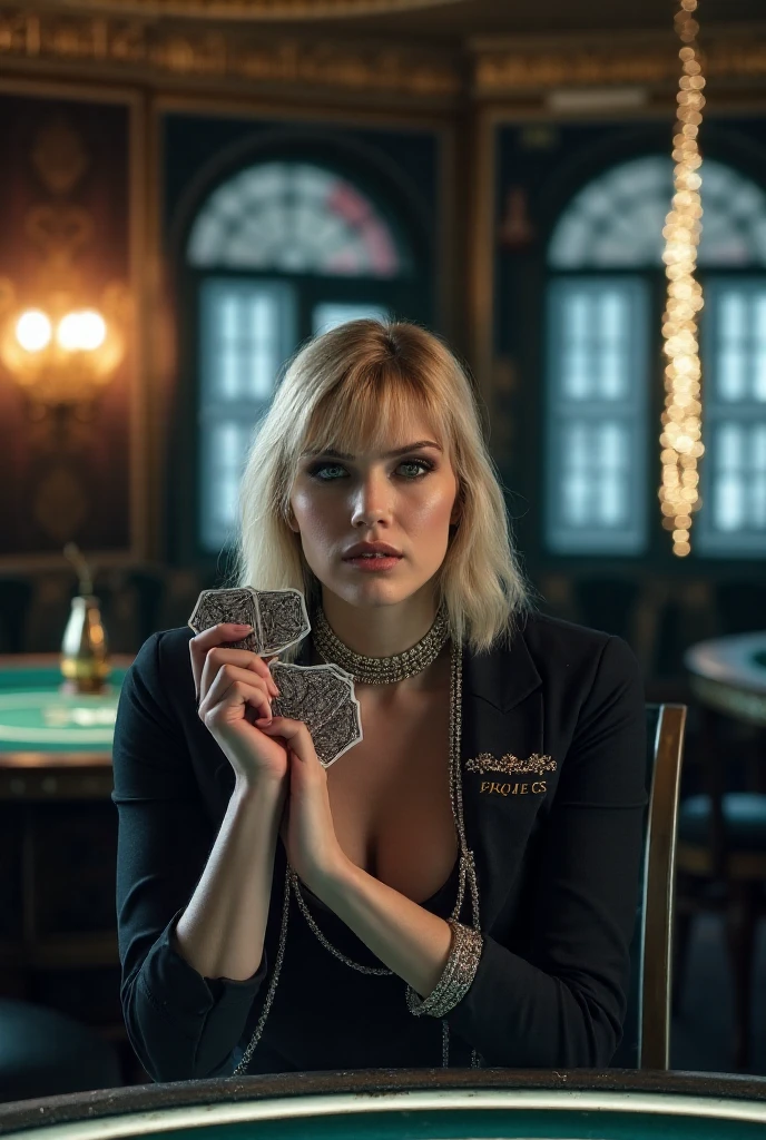 A blond European girl playing poker with blue and gold chips, very realistic