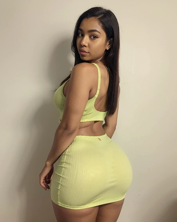 Analog image, neutral density,Highly detailed image ,thick voluptuous Dominican woman, viewed from above,with micro dreadlocks, highly detailed skin,even skin tone, skin imperfections, skin pores visible,wearing a tight short skirt and sports bra ,in a dim lit room , highly detailed clothing