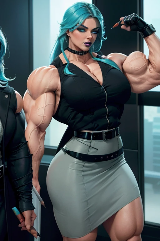 (((((Massive tall, beautiful, buff, pale white skinned muscular woman with cyan hair, ginormous bulky muscles and wearing a beautiful black gothic pencil dress))))), (close view), massive muscles, massive biceps, hyper muscle shoulders, massive muscle arms, vascular shoulders, hyper muscle triceps, (long beachy hair), purple eyes, choker, lace sleeved gloves, (on top of a dilapidated skyscraper in a dark destroyed city), confident smile, hyper vascular arm, hyper muscles arms, hyper muscle legs, (massive arms).