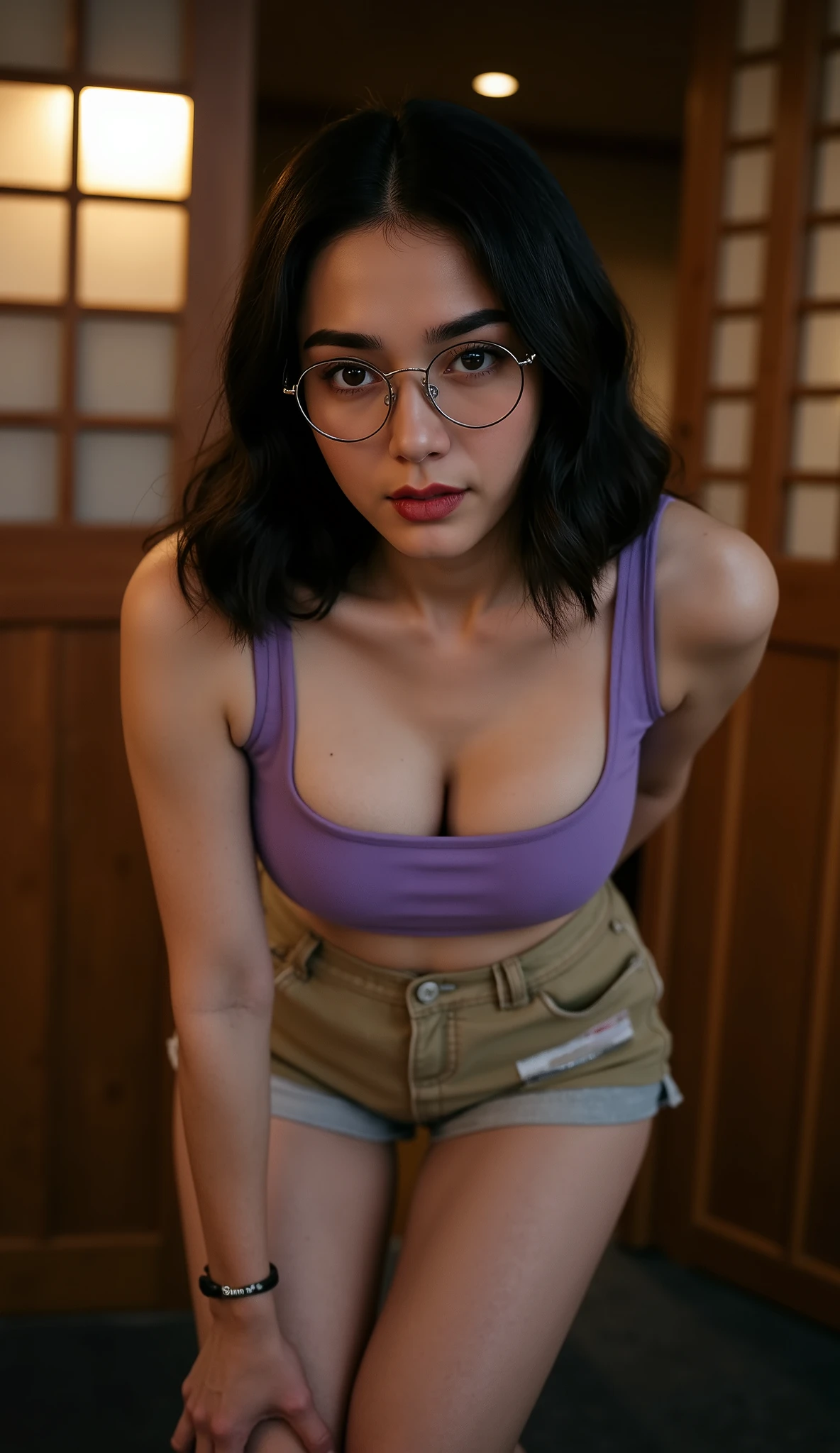Brown eyes: 1.5, black hair, short hair at shoulder length, pure black eyes, frameless glasses (one side up: 1,2), bare shoulders, clavicle, short pink top, puffy short sleeves, very short black shorts, (((thick thighs)))