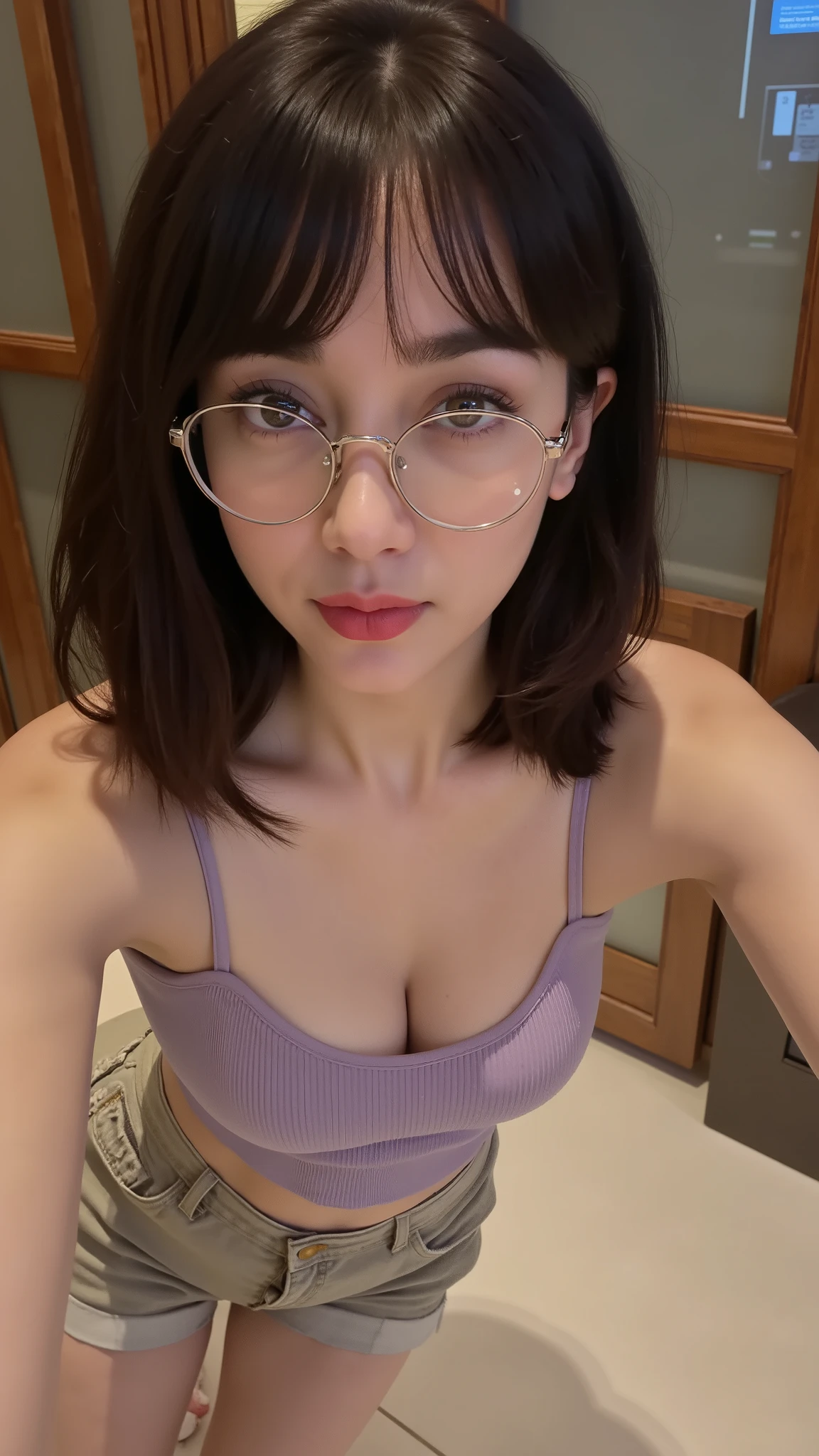 Beautiful big breastokeh), indoors, detailed luxury living room, gentle and charming beautiful goddess, Korean(kpop-idol), solo, necklace, oval face, double eyelids, smart, good hands, good feet, Natural, (from below angle), (glossy skin:1.05), ((low angle)), Perfect figure, (64k, UHD, RAW photo, best quality, masterpiece:1.4), (realistic, photo-realistic:1.37), ultra high res, photon mapping, radiosity, physically-based rendering, professional soft lighting, blue eyes