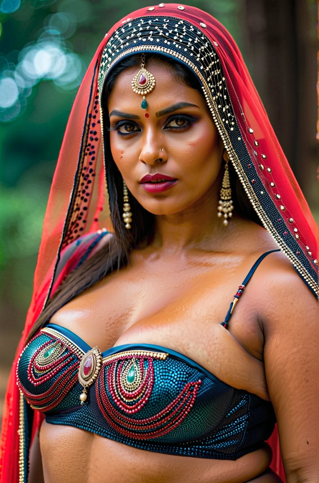 Foto RAW, skin glistening by sweat, looks like Nayanthara, thick figure, curvy, milf, 50 years old Woman, tattoo in the middle of her breast, with realistic Indian headdress , tribal girl, stunning looks, tribal headdress, tattoos, colourful tribal tattoos, tribal white girl, Polynesian tribe, best quality , best cinematic colour grading, detailed lighting, high resolution , (pele altamente detalhada: 1.2), 8k UHD, DSLR, soft-lighting, alta qualidade, grain of film, Fujifilm XT3, highly detailed armpits, armpits hair, fully naked, nipples covered by hai, skin pores, skin texture, high quality skin,