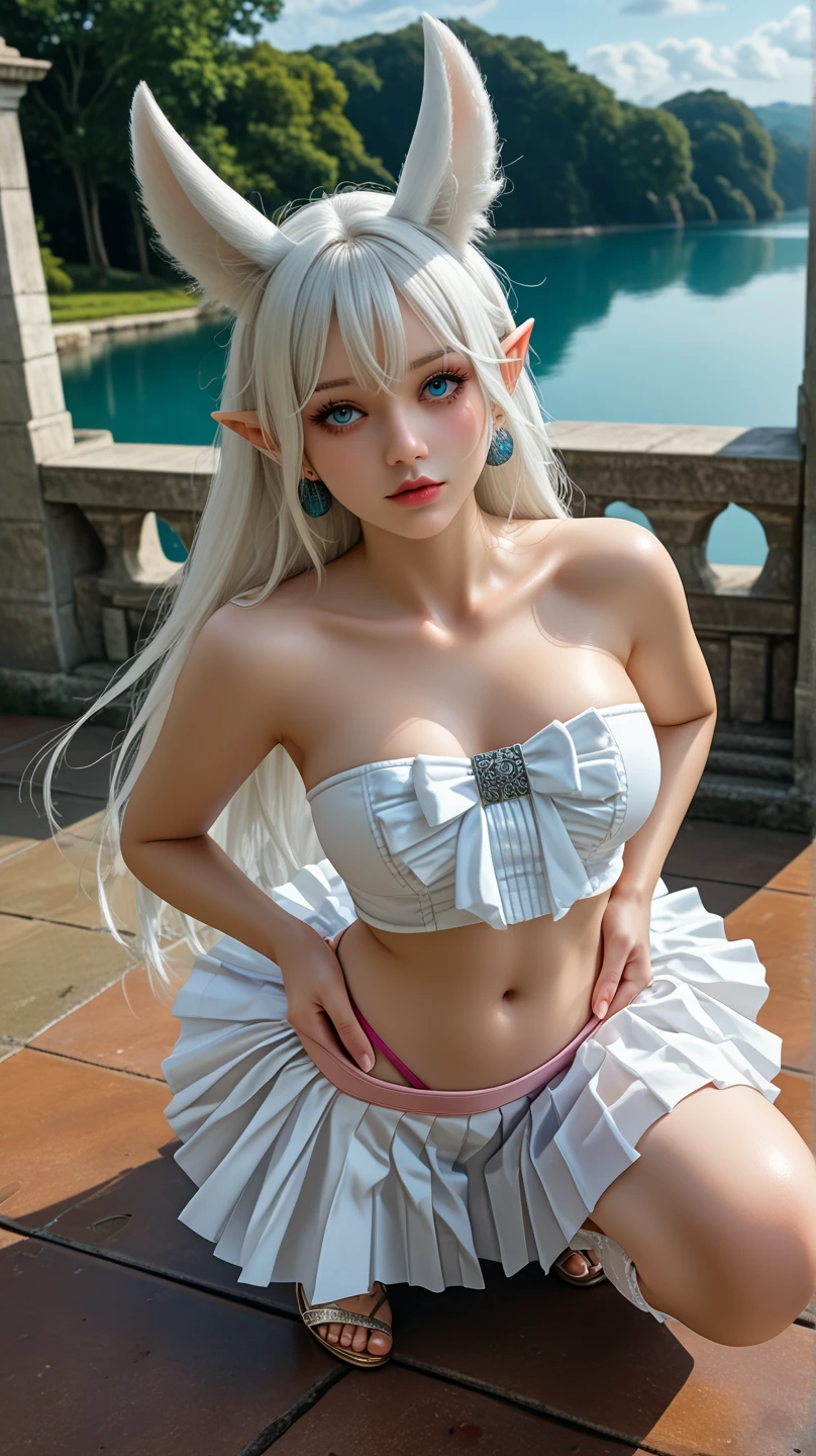 Elf, china-like white skin, 20-year-old woman, medieval fantasy world, blurred background, dynamic angles, side-string white panties, ear piercings, thin cloth costume, live action, f/1.8, 85mm, canon, high detail, high resolution, 8k, 16k, onsen, bathing