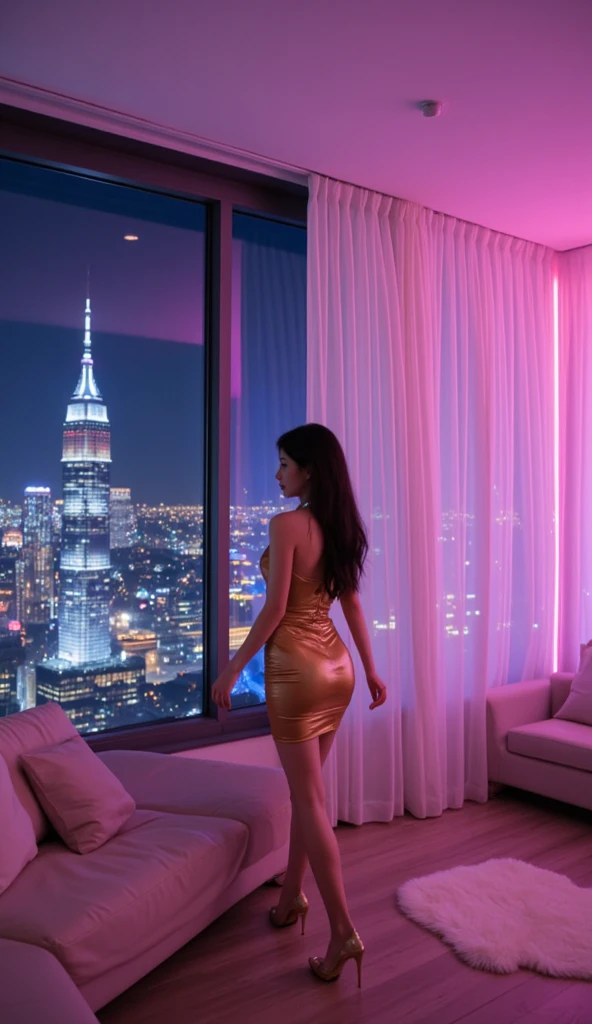 Naked Woman, long black hair, In a vibrant night with a cyberpunk aesthetic, a woman is standing in front of a window, watching the city below. Neon lights in shades of purple, blue and green illuminate the urban landscape, reflecting off the glass and casting a soft glow over your face. Her long hair falls elegantly over her shoulders, while your eyes take in the view with a mix of fascination and introspection.

The city is alive with activity, Advertising holograms float in the air, Drones hum gently above and autonomous vehicles glide through the streets below. Futuristic skyscrapers covered in bright signs dominate the skyline, creating a light show that dances on the metal and glass surfaces of the buildings.

inside the room, The city&#39;s neon lighting creates a play of shadows and lights, highlighting the woman&#39;s contours and adding an enigmatic touch to the scene. His posture is calm and contemplative, contrasting with the pulsating, chaotic energy of the futuristic metropolis outside. The combination of its serene presence and nocturnal cyberpunk look creates a captivating image full of mystery..