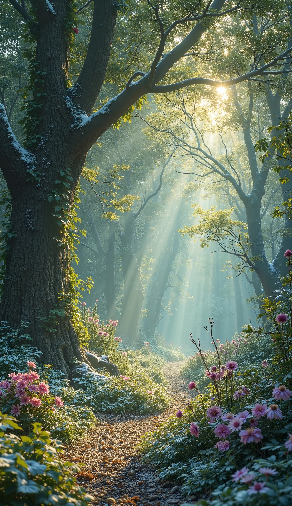 highdefinition images 、 tree々and seven-colored flowers、 A mysterious forest with magical beings hidden in the branches 、 8k 、 High quality Forest of Giants 、 tree漏れ陽、 Forest believed to be a fairy house、 A soft morning sun shines through the snow。