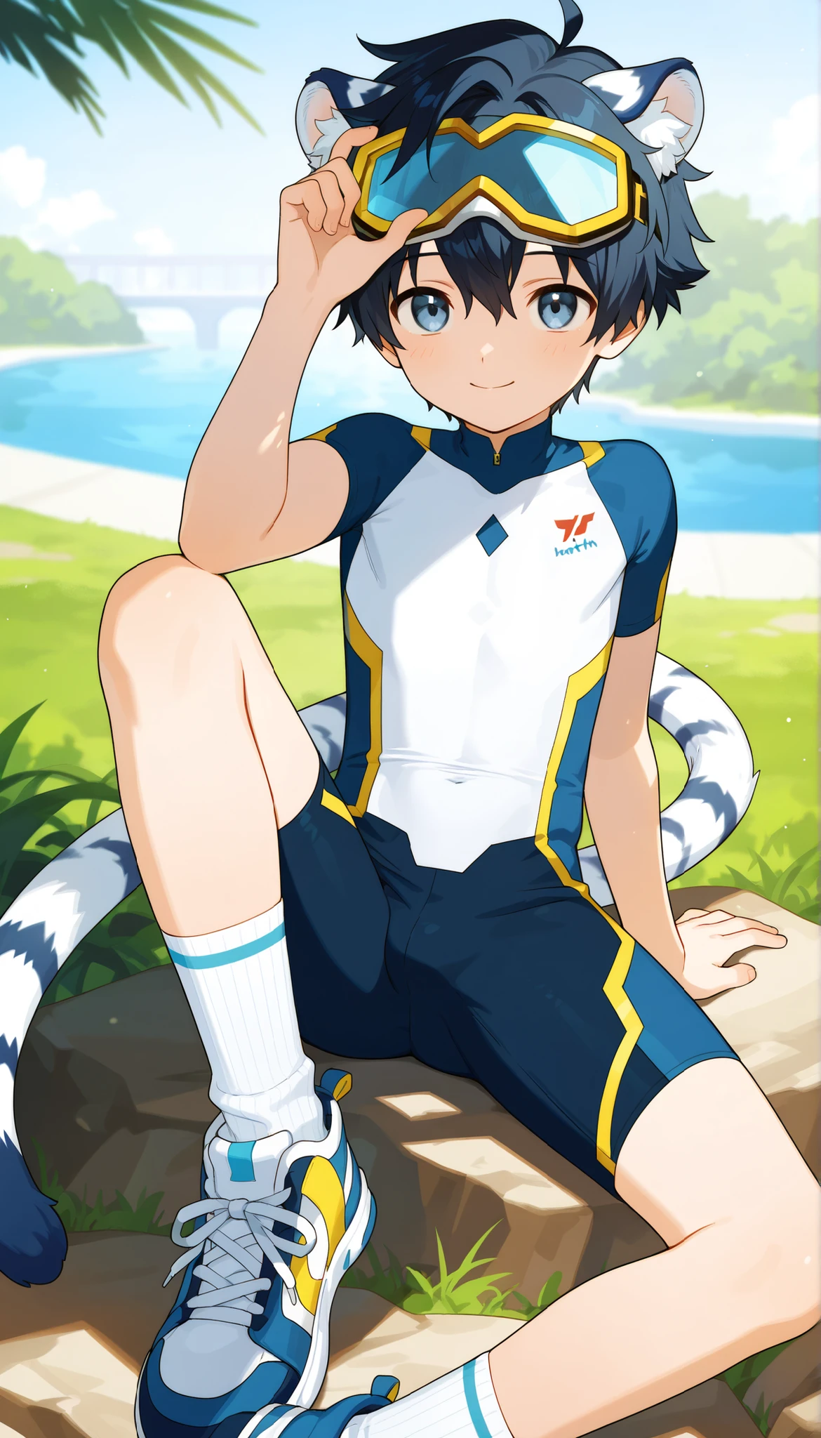a boy, short hair,cute,一个棕发的穿着白色裤袜的 Shota, wearing goggles on the head, White Tiger Ears , masterpiece, best quality ,male focus, Shota,summer,Short sleeve,cowboy shot,Little Hero,happy,(( white socks)),sneakers,shota wearing a white form-fitting bodysuit with a futuristic design featuring blue and white colors along with stylized graphics. The person's left hand rests on their torso, capturing the length of the body. The background shows a striped bedspread and indoor surroundings. Natural lighting softly illuminates the scene from the left, with a calm and relaxed atmosphere.