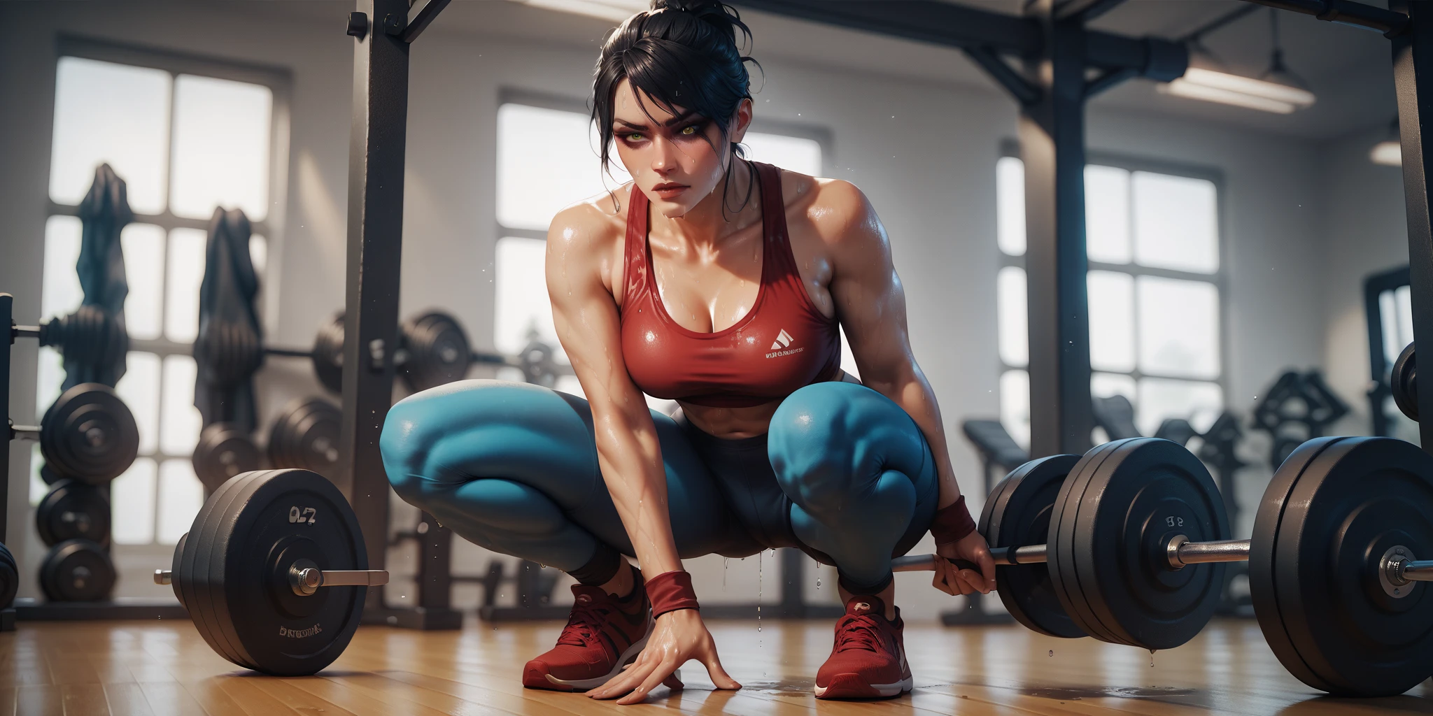 Sarada working out in the gym , gym clothes , water bottel , weight lifting , weight rack , masterpiece, great details, best quality , 8k , great illustration.