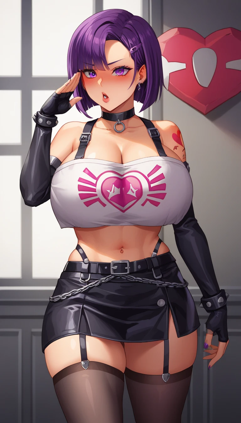 a single (mature MILF BIMBO albino skin and short white hair), (FULL BODY) perfect face, wearing tight leather bandages, BIG KNOCKERS CLEAVAGE, lustful smirking smile red blush red cheeks, chain leash, kneeling, shackles, leather black collar slave, ((BLACK background)) WITH KNOCKERS on glass, glass window fog water drop, metal handcuffs clenching fist, black choker collar, thigh highs, long legs, metal ankle, metal sandals, metal shoulders, standing straight symmetrical against glass, grabbing her own ass