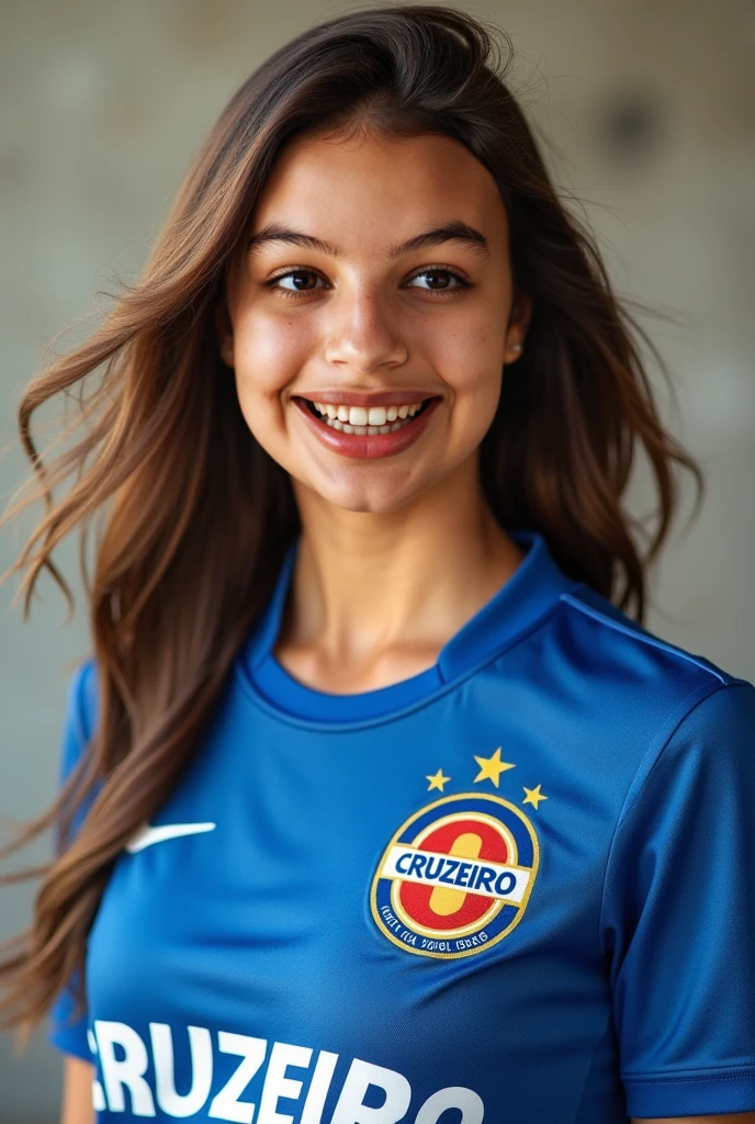 to a 23-year-old Bolivian girl with brown hair, piel clara, ojos claros, sonrisa delicada, estatura 1,60, senos medianos, cintura regular, cuerpo delicado, vistiendo uniforme escolar