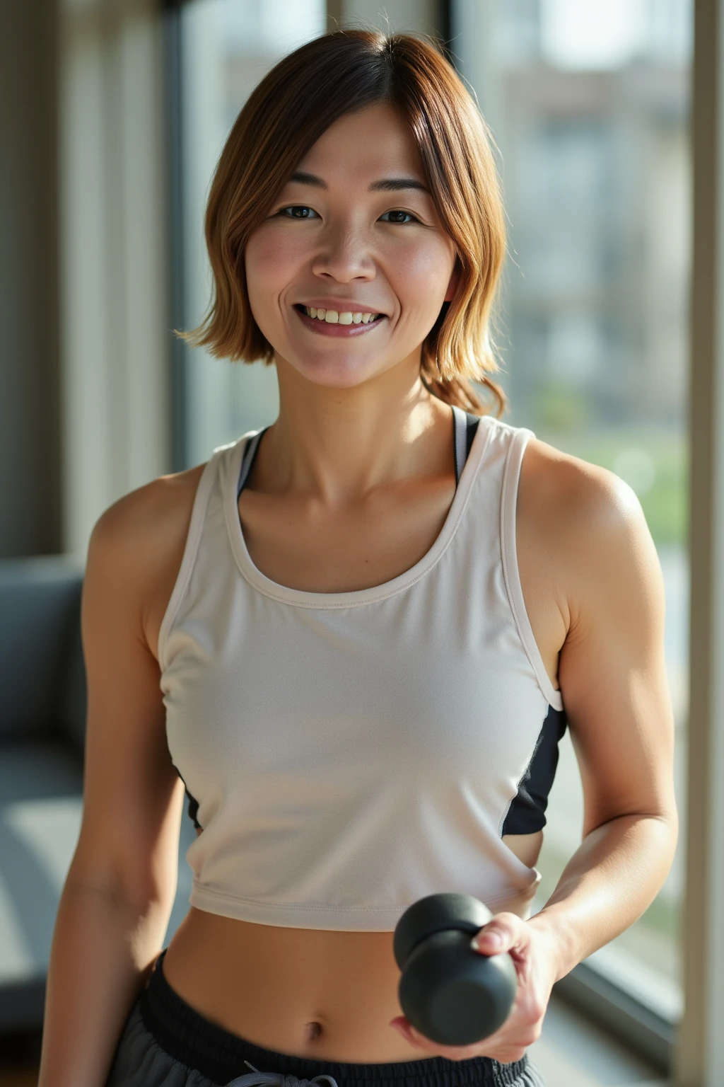 最high quality, In 8K, Masseter region, Vibrant, Sharp focus, high quality, High resolution, Detailed face, fine grain, Thick lips, (Looking at the audience), alone, Beautiful woman, 38 years old, （Standard body type）、（D cup breasts）、（Short black hair:1.5）, Cleavage、（Fitness gym training room）、 (Stand in front of a power rack:1.6）、（White tight tank top:1.6）、（smile:1.5）、（Black spats:1.5）