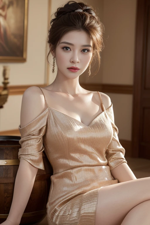 ((top-quality、8K、masterpiece:1.3))、Cinematic,1 Japan person model、Wistful expression、full body Esbian、Slim Faces、very pretty woman、Light makeup,(dark brown hair,so short hair), see through dress、hyperdetailed face、A detailed eye、Black eyes,Elaborate necklaces,Large and elaborate earrings,blured background,cabaret club,Bracelet、