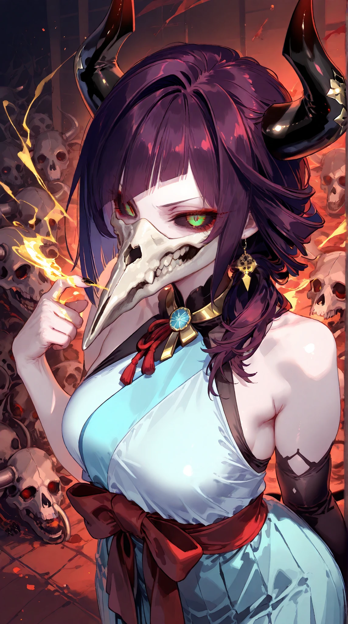 (masterpiece), (High resolution), (super delicate),,(Horror elements), full body,Cute Core Clown、Skull Accessories、((Alphonse Mucha 1.5))blue hair、Clown makeup