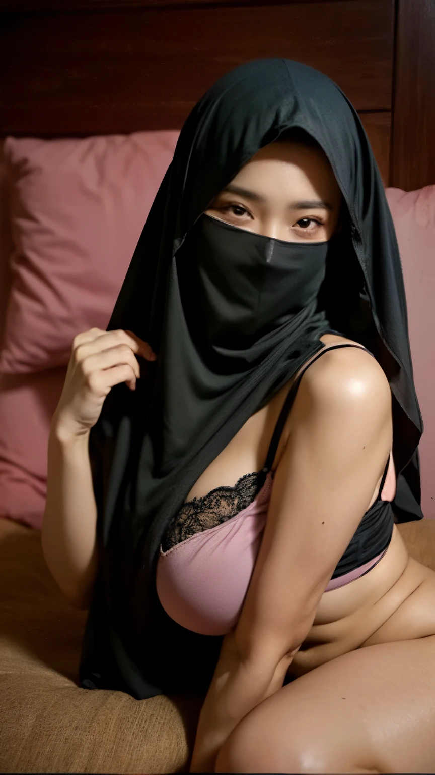 a stomach ache scene with a malay girl wearing black hijab at home... wearing white facemask.. wearing white bra and g string underwear.. no pants.. she lie on the floor... soft stomach.. less lighting