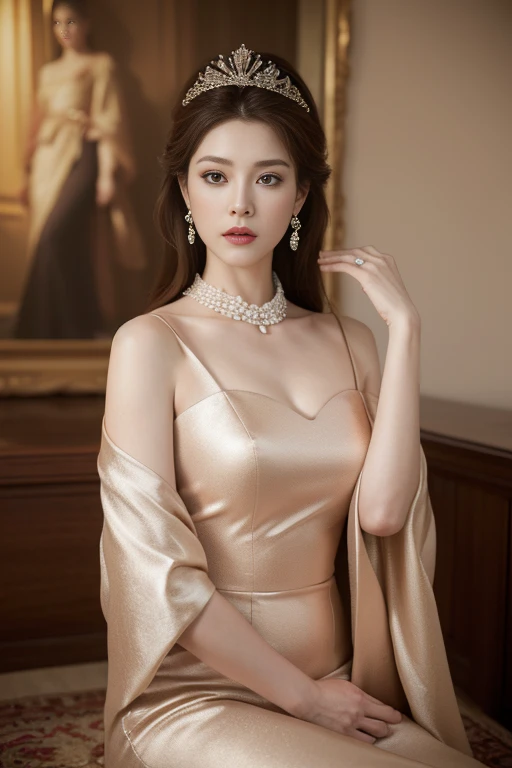 ((top quality、8k、masterpiece:1.3))、Very pretty beautiful girl,full-body shot,。Wear big earrings,The skin is very white,Hydrating red lips,Very thin waist,,Fair and smooth skin,Smooth and fair skin,Flawless skin,Fair and shiny skin,Cool white skin,The camera focuses on the chest,Bright light,White tube top dress,Bare shoulders,