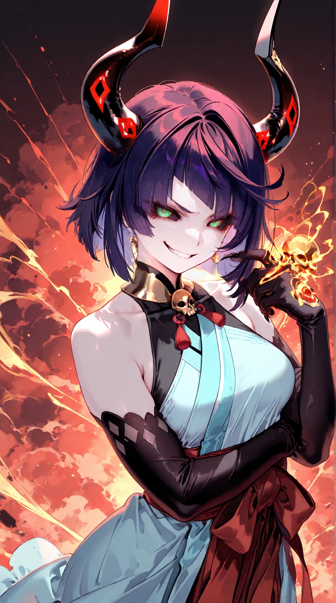 milf, short hair, with red Oni half mask, very small breasts, hand open fan, black nails