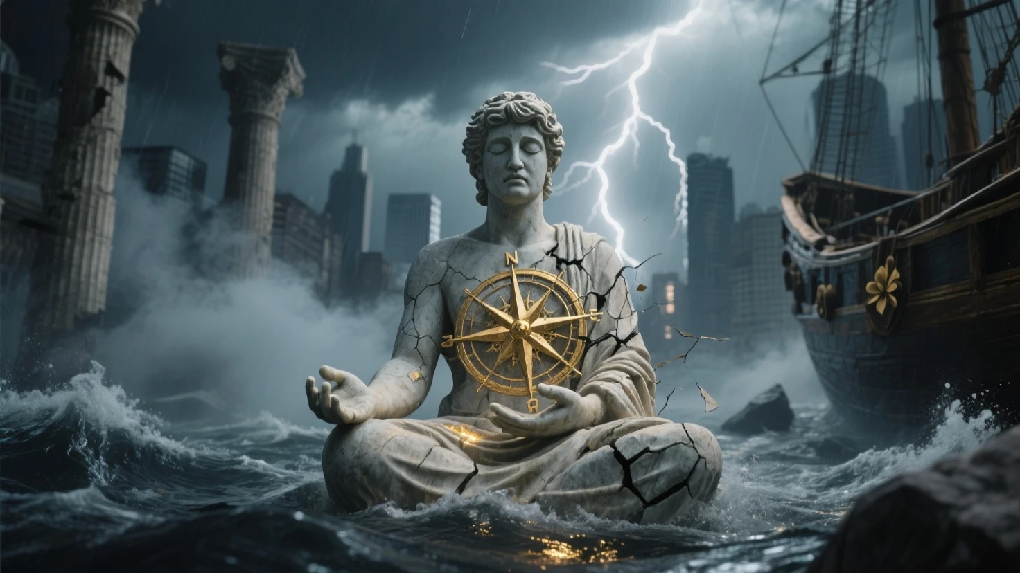 Une statue de dieu grec tient la planète terre dans sa main et verse du sel dessus avec son autre main grace a une salière 