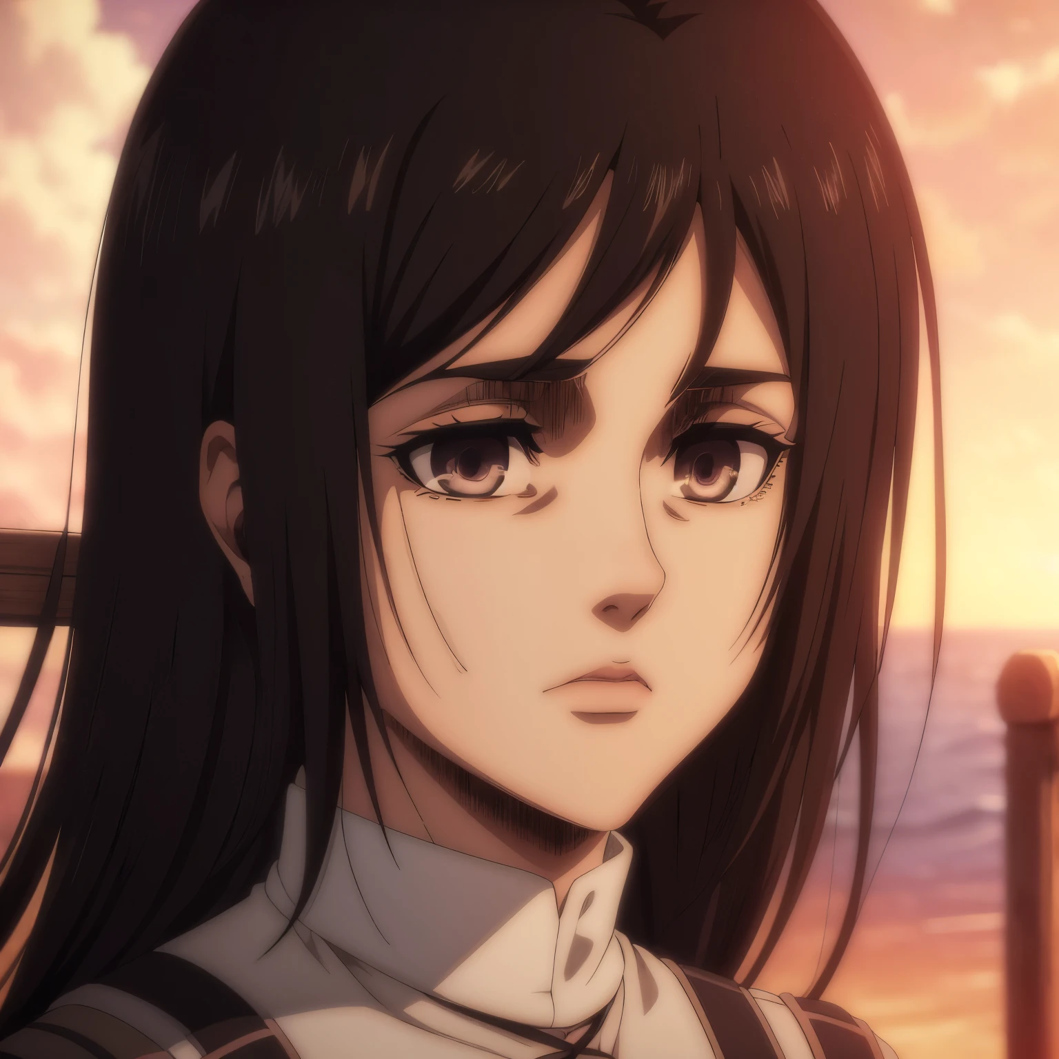 best quality, highres, masterpiece:1.2), ultra-detailed, 19 year old female character, Mappa art style, detailed dark brown eyes, long straight brown hair, the front strands of her hair are slightly shorter than the main length, slightly tanned skin and plump lips, She wears a black sleeveless top with an open neckline and a white jacket