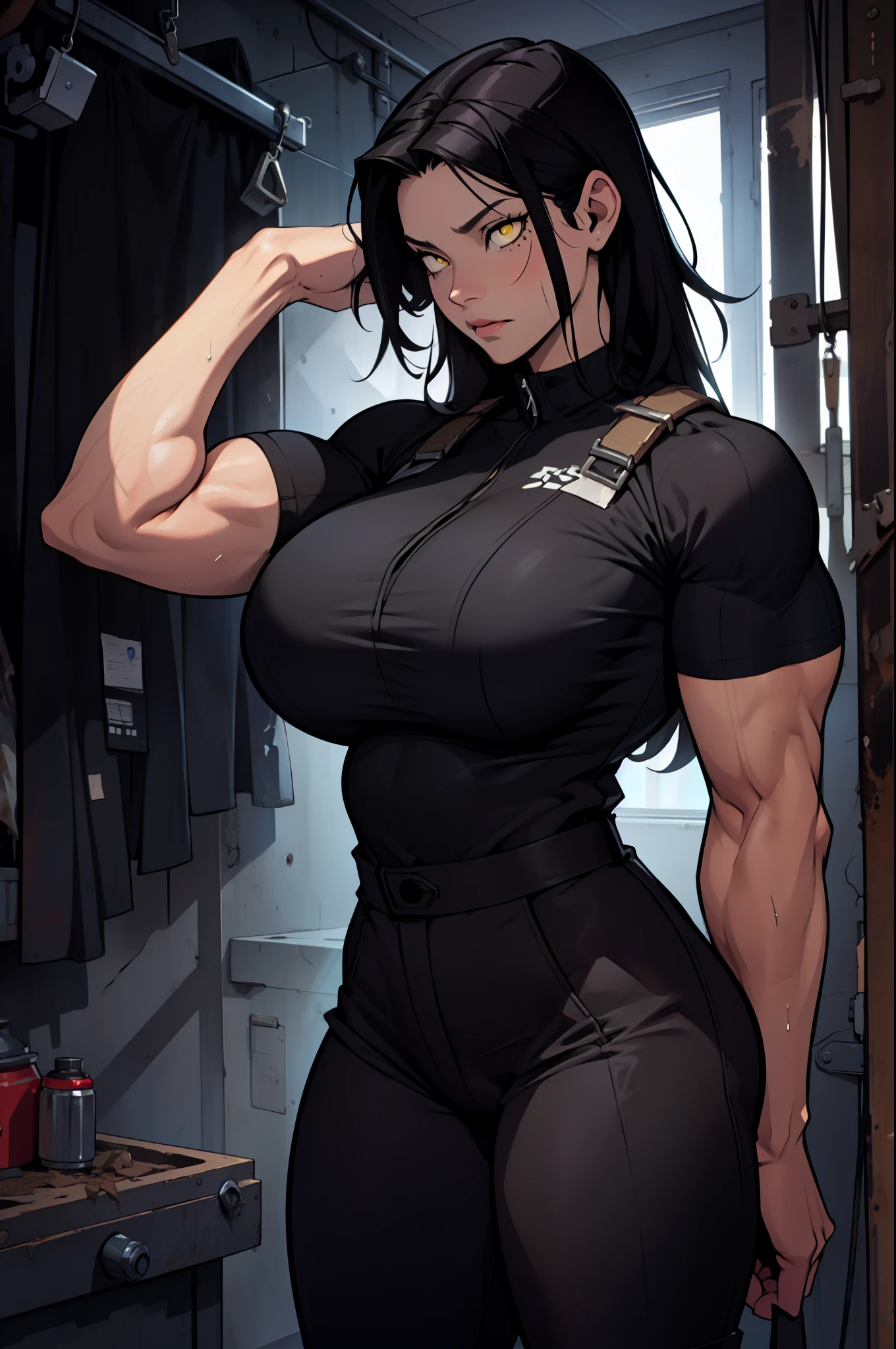 pale skin huge muscles huge breasts huge thighs black hair yellow eyes