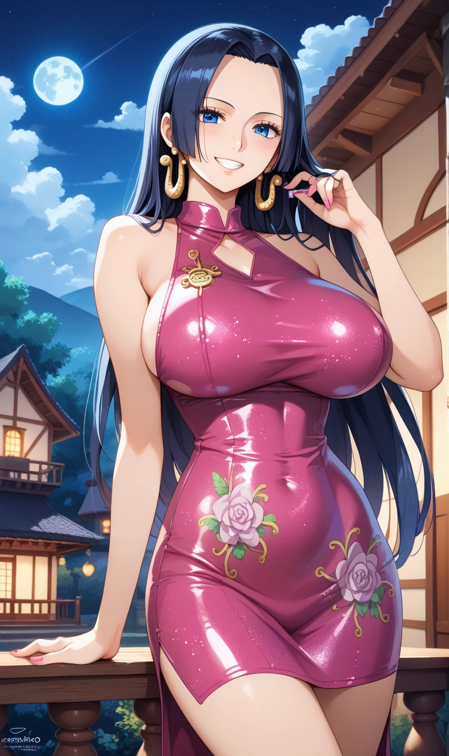 perfect eyes:1.2, detailed eyes:1.4, skindentation,Leopard print colored thin jumpersuit with v neck cleavage ,heels,Blue eyes, Purple hair, ((blunt bangs)), ((twin tail)),((Bare neck)), ((fully tied hair)),20yo, Young female, Beautiful Finger, Beautiful long legs, Beautiful body, Beautiful Nose, Beautiful character design, perfect balance, 1girl, solo, (masterpiece:1.6, best quality), 8k, insane details, intricate details, hyperdetailed, hyper quality, high detail, ultra detailed, professional, HDR, ray tracing reflection, cinematic lighting,Cleavage,Busty,Big breast,ear piercing,multistrand Love shaped necklace,Half eyes open,Eyeshadow,Thick lips,Bracelet,Long nail,Ring,black color Chocker,Gyaru,flashy heart shaped earring,outside,((carrying chain Leopard print purse bag)),1hand on hips,Face fully viewed,view from afar,Monocolor outfit,Detailed ear,Detailed earring,Detailed head,Fully tied twintail,Standing,hand in hips,Sculpted calves,Curvy figure