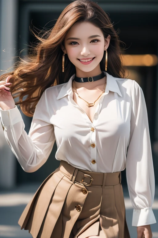 masutepiece, Best Quality, Photorealistic, Ultra-detailed, finely detail, High resolution, 8K Wallpaper, 1 beautiful woman,, light brown messy hair, in a business suit, sharp focus, Perfect dynamic composition, Beautiful detailed eyes, detailed hairs, Detailed realistic skin texture, Smiling, Close-up portrait, Model body type、((Super long brown hair:1.2))、((Hair with loose waves inside:1.2)),((shy smile:1.3)),((gold necklace＿Large earrings:1.2)),full body shot、(((full figure supermodel standing, full body shot, entire body in frame))),((white long sleeve button up blouse_with collar_Remove up to the second button＿brown pleated mini skirt:1.3)),((With a smile_running towards here_Long hair fluttering:1.3))
