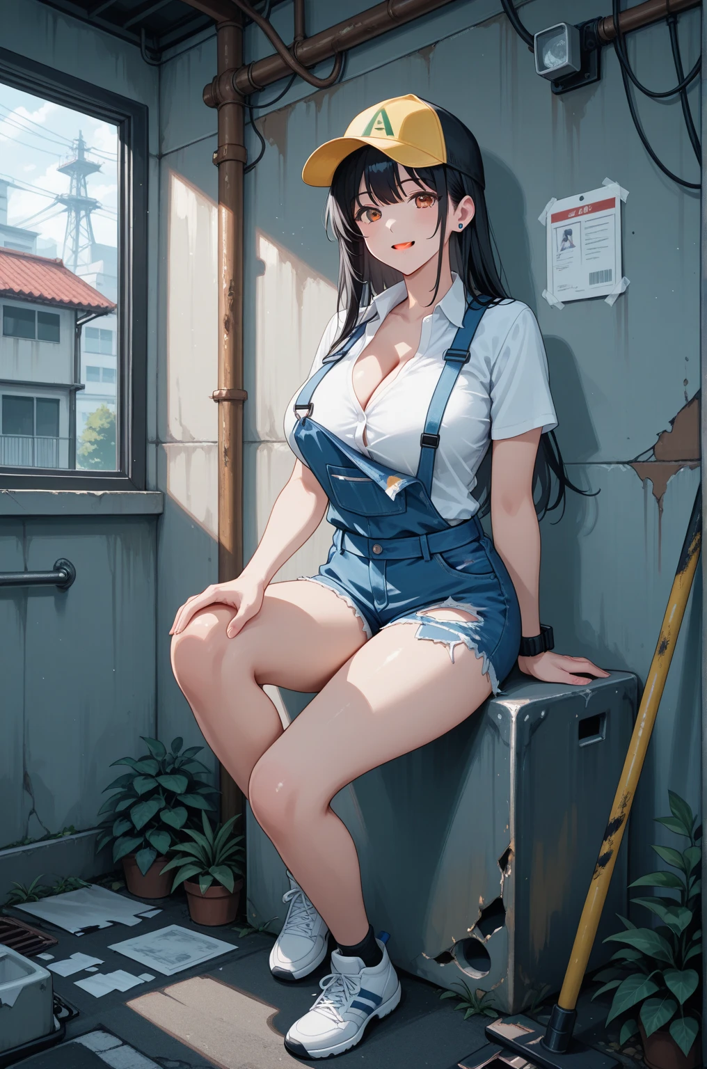 ((best quality)), ((highly detailed)), masterpiece, absurdres, (detailed eyes, deep eyes), <lora:more_details:.6>, (1girl), straight-on, cowboy shot, ((wide shot)), <lora:naked_overalls_v1:.9>, (naked overalls), denim, sleeveless, collarbone, cleavage, sideboob, shorts, witch, witch hat, wand, (outdoors, in a city, morning, sunrise)