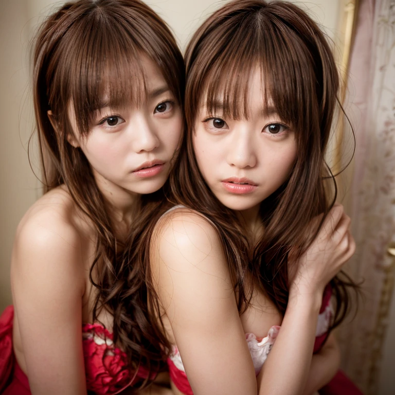 identical twin sisters kissing、highest quality, masterpiece, ultra high resolution, (realistic: 1.4), Raw photo, 1 girl, black hair, shiny skin, fine eyes, dramatic lighting, attractive performance, long bangs, cleanliness,
