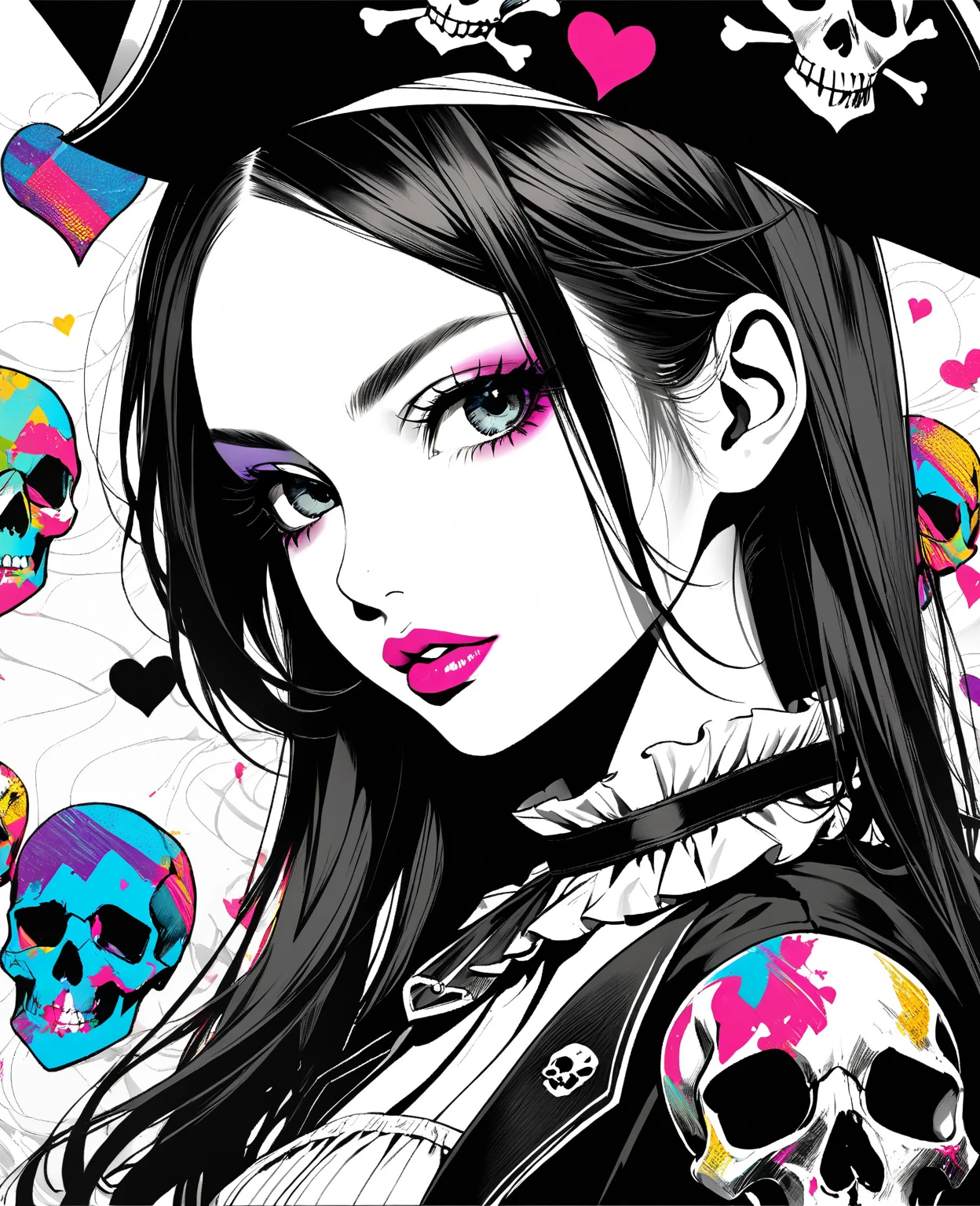 Lie、Lying down、ridicule、Finger prick、Black Hair、Black Feather、Gothic Punk,anime zombie witch design, crossbones, skulls, street wear design, pro vector, Horror style, full design, 6 colors only, solid colors, no shadows, full design, sticker, bright colors, white background.super fine illustration,(((beautiful fine hair))),(((beautiful fine face))),(((beautiful fine background))),(((beautiful fine hair))),(((beautiful fine face))),(((beautiful fine background))),Midsummer、beachBlack Hair、blunt bangs、Cross-eyed