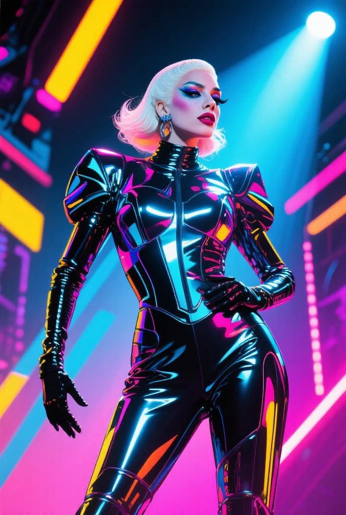 Lady gaga photo, 4K texture, robotic and extravagant dress and strange hairstyle, 8k image, haute couture, flashes, high image quality, neon dress, realistic face, various poses