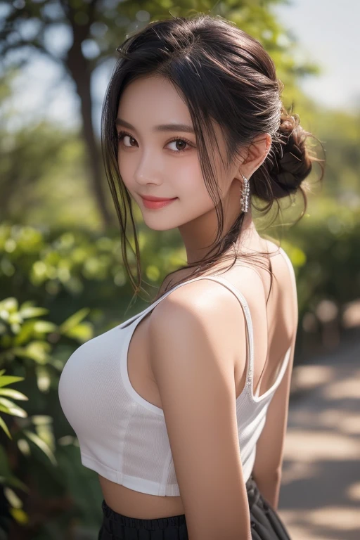 beautiful korean female, 44 inch breasts size, high ponytail ,Round face, smooth white skin, 18 years old, slightly smile, wearing Lara Croft , UHD