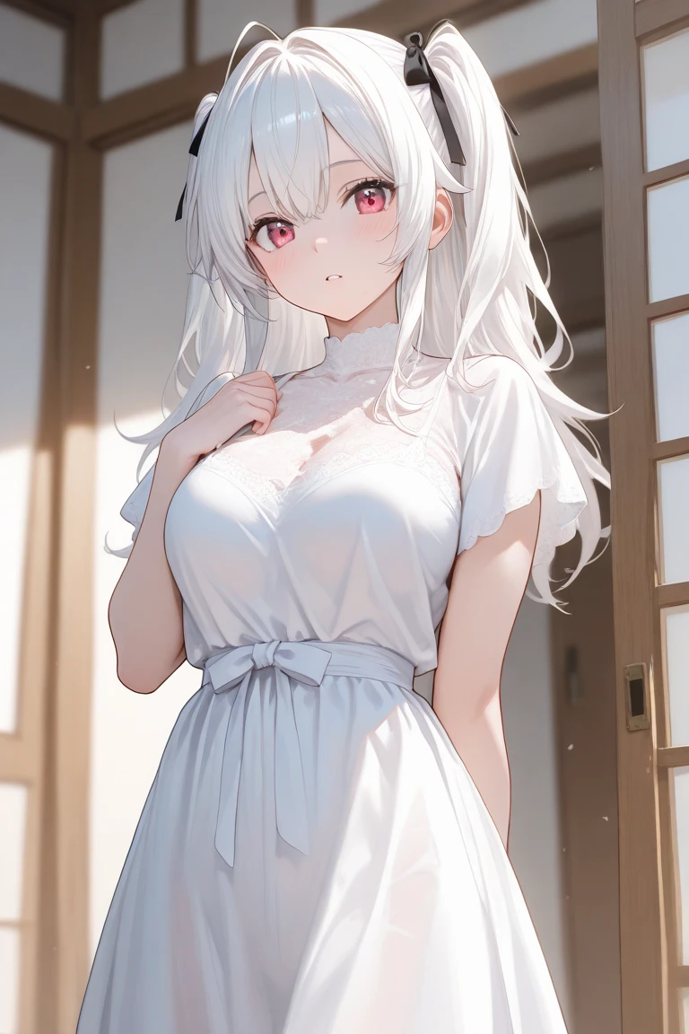 A cat girl in her late teens with white hair and amethyst eyes wearing a white dress in a hallway as a close up face pic of her