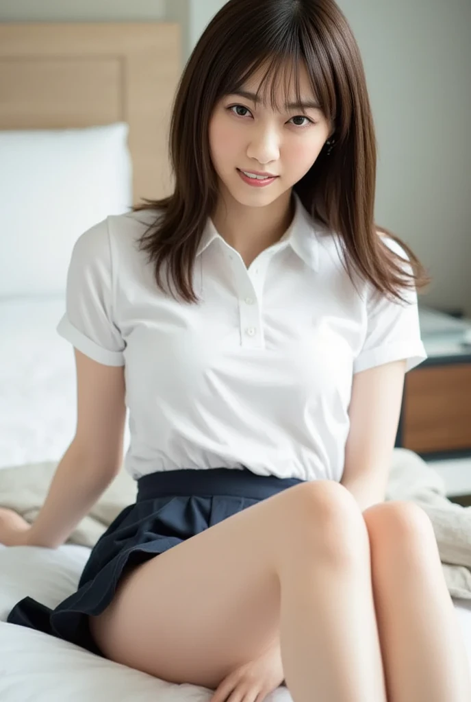 Japanese、high school student、Beauty、Facing forward、Kind eyes、Smiling Kindly、He is wearing a long navy blue short-sleeved polo shirt、She is wearing a tight grey itting in a chair、Hands outstretched、((Her white underwear is visible between her skirt and legs.))、(Wearing white panties)、She is facing the camera with both knees together.、Anatomically correct body、