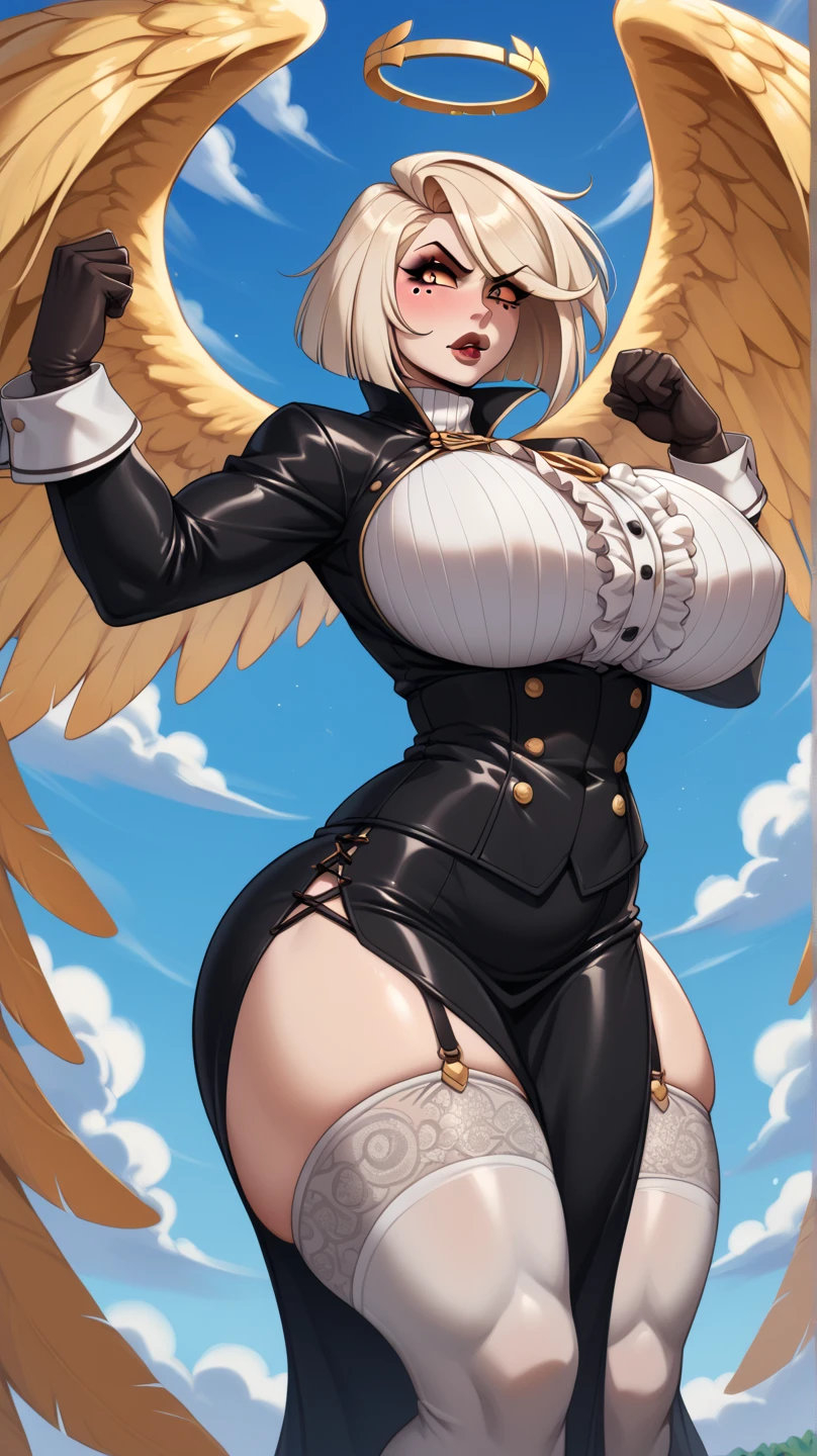 Naughty Nelly ,smooth tits, bare hips, bare shoulders, black wings, detached collar, elbow gloves, feathered wings, gloves, gold trim, high collar, hip vent, jewelry, low wings, white gloves, wings, makeup, solo, medium tits, super climax eyes, sexy mouth,