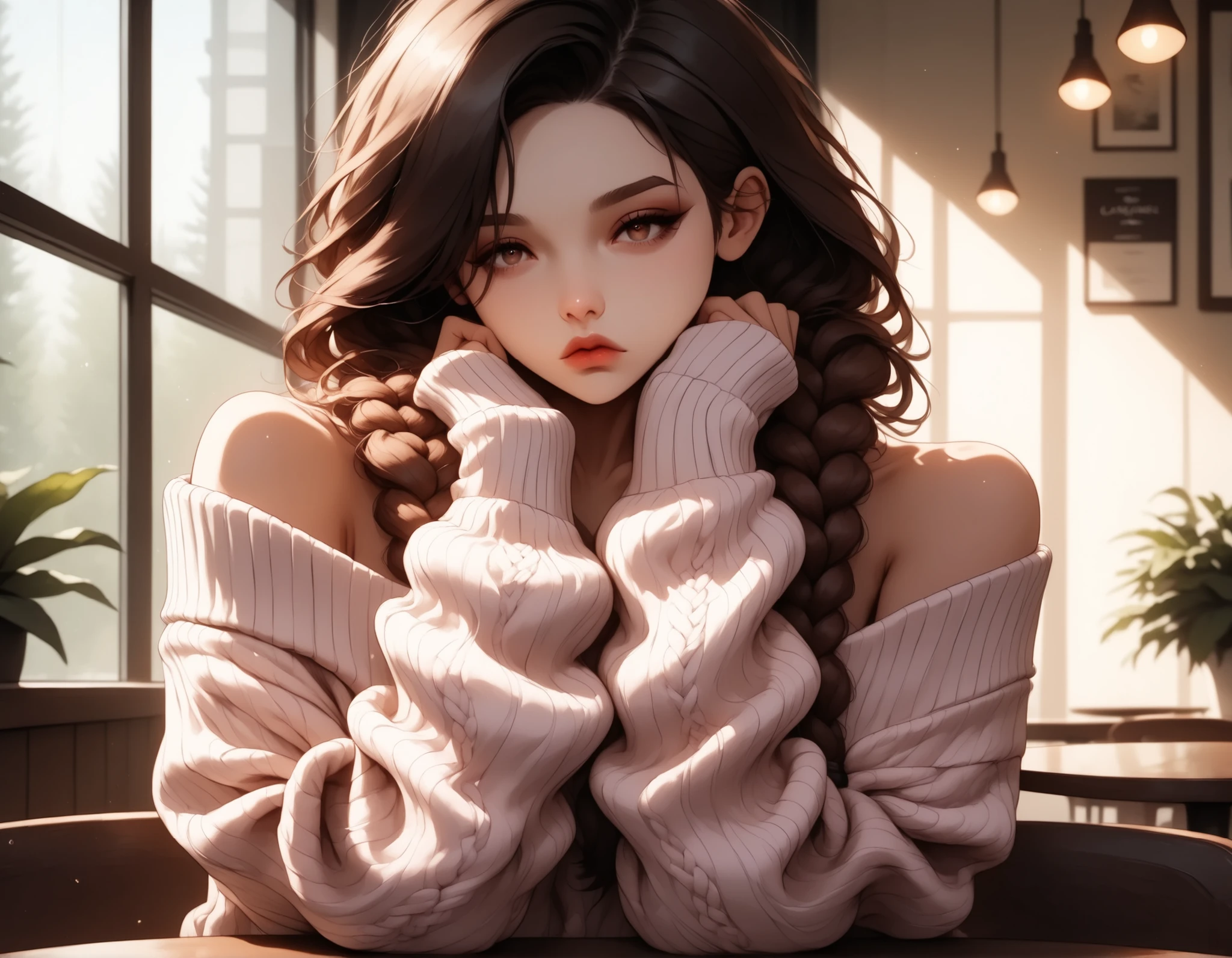 (masterpiece:1.2), (best quality:1.2), ultra detailed, 8k, watercolor, cinematic lighting, volumetric_lighting, rim light, soft shadows, ((forced_perspective)), (Diminishing scale perspective:1.3) BREAK (1girl, pale_skin, soft_glow, brown_hair, long_hair, loose_braid, dusty_pink_lip_gloss, no_eyeliner, expressionless, distant_eyes, curated_expression) BREAK (sitting, arms_in_lap, relaxed_posture, sleeves_bunched_in_fists) BREAK (muted_pink_sweater, oversized_sweater, brown_long_skirt, layered_clothing, soft_fabrics, warm_tones) BREAK (modern_cafe, starbucks_style, large_window_light, clean_booth_seating, natural_light, indoor_plants, wood_and_metal_furnishings, soft_bokeh_background), (lora:Yandere Queen:0.85), (lora:Detail Tweaker XL:0.65), (lora:Fantasy Western Anime:0.45), (lora:Dark Realism (Anime):1.0), (lora:Dramatic Chiaroscuro:1.0), (lora:Vampire Hunter D Bloodlust Style [Pony XL]:0.3), (lora: lora:Degen_SG_pdxl_v2:1)
