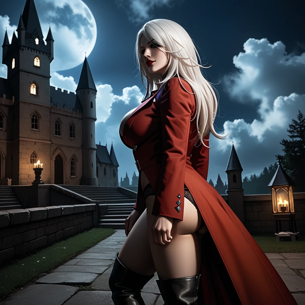 1girl,solo,1girl,solo,((beautiful detailed eyes)), (detailed light),depth of field,(white hair),silver eyes,hair over one eye,(red flower ), hair flower,long hair,black cloak,wet,emotionless,looking back,night,starfall,raining,fog,red flowers falling,sketch,upper body,intense shadows, hand holding cheek, full body), medium breast, show nipples, show vagina, open legs:1.5, wide open legs, squirt pussy.