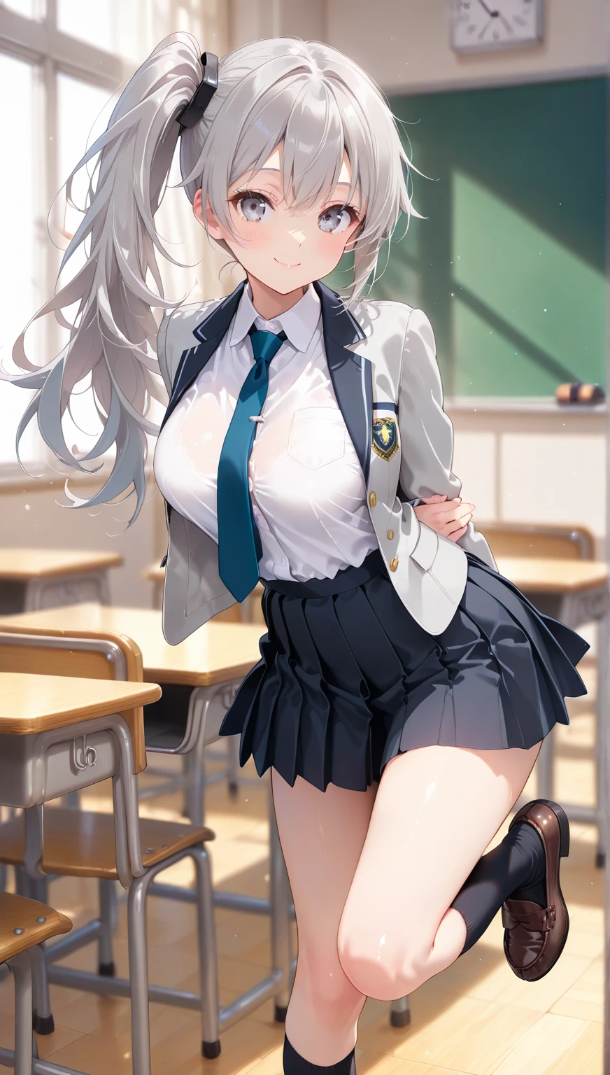 ((1 girl))、(smile:1.5)、small breasts、（cowboy shot）、(fun!!)、(cardigan)、(silver hair)、blush、(single braid)、(eye highlights:1.3)、blake black footwear,(黒いskirt)、bow, button, shirt with collar, long sleeve,  ((red bow tie, , black jacket, open jacket, 茶色のcardigan, white shirt, 黒のskirt, チェック柄のskirt、white socks)),, shirt,, skirt, socks, thighs, white shirt, rest indoors, ((classroom:1.5))、 BREAK While watching the audience、(skirtを掴む:1.0)、 (perfect hands, perfect anatomy),cowboy shot、(skirt lift:1.3),(highly detailed white panties:1.3)、(highly detailed panties:1.3)、、(skirt that rolls up:1.3)、(fully exposed panties:1.5)、blue eyes