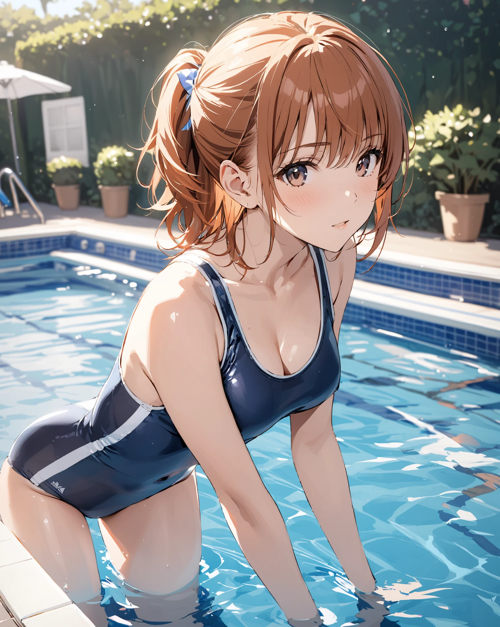 highest quality、nice sexy body、one woman、solo、((Beautiful busty woman:1.3))、((Woman with dark red hair:1.3))、ponytail woman、long hair woman、((A woman wearing a navy blue one-piece school swimsuit:1.3))、public pool、back view