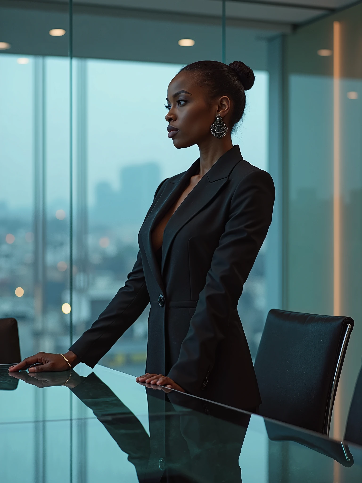 Cover Concept:
setting: A corporate office with a panoramic view of new york city, dark lighting with, red glasses, A powerful image of black women leading a team through complex logistics scenarios,
convey strength and leadership.