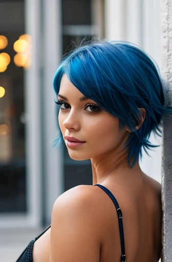 Girl short hair Blue hair Blue eyes Blue matching Smile confidently Correct limbs